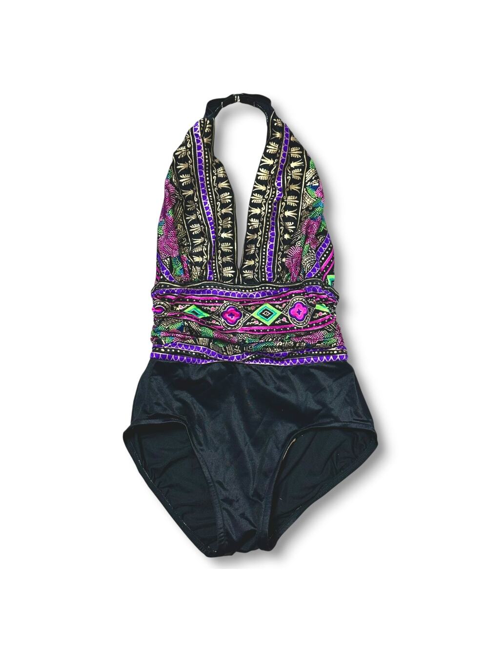 Vintage 80s 90s Catalina Swimsuit Halter Bathing Suit Glam Neon Gold Black Sz 6